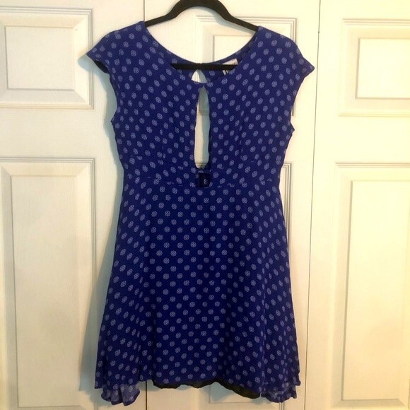 Free People Dresses & Skirts - FREE PEOPLE Small Blue White Jewel Tone Mini Dress Keyhole A-Line Flowy Chic